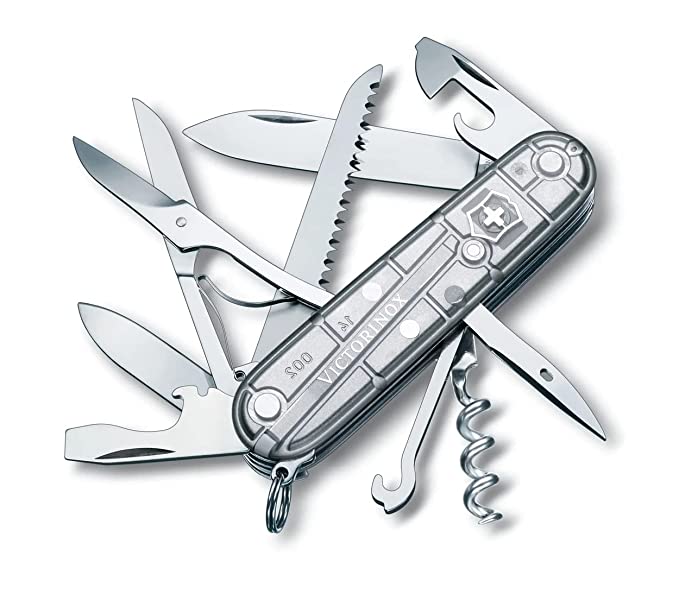 Victorinox Swiss Army Knife - Stainless Steel 15 in 1 Medium Pocket Knives, Foldable Knife, Good for Camping, Hiking, Bike, Keyring, Multitool Survival Gadget, Silver, 91mm (13713T7)