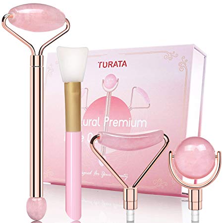 Jade Roller and Gua Sha Set, TURATA Rose Quartz Face Roller for Facial Body Eyes Neck Skin Massage Tool Natural Reduce Wrinkles Anti Aging Lymphatic Drainage Jade Massager (4-in-1 Rose Quartz)