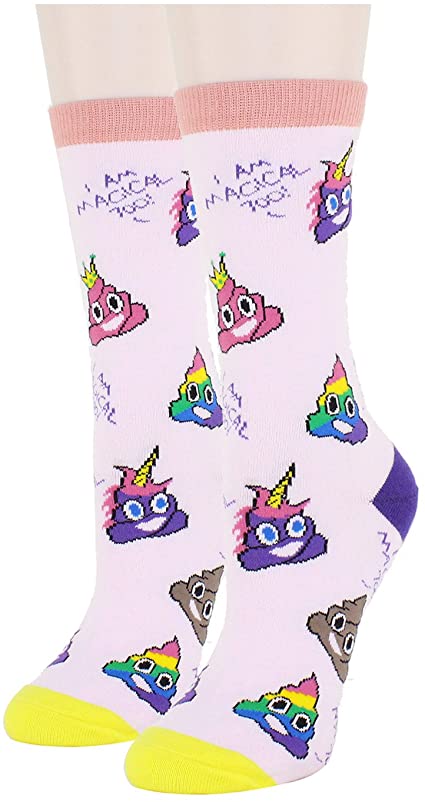 HAPPYPOP Women Girls Funny Rainbow Unicorn Poop Cotton Crew Socks, Cute Corgi Pug Llama Flamingo Socks