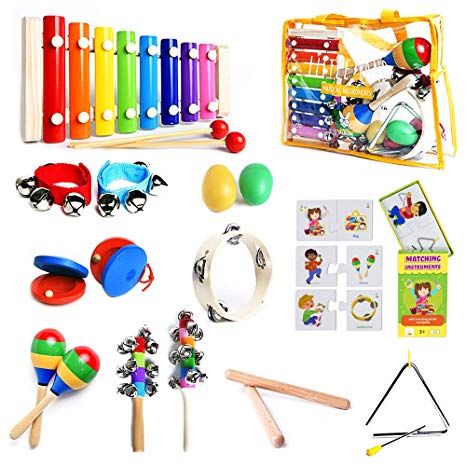 SMART WALLABY Musical Instruments Set & Puzzle Card Game for Kids | 15 Pcs. Toddler Wooden Toy Percussion Set with Xylophone Plus a Bonus Instruments Matching Puzzle (Little Band with Matching Puzzle)