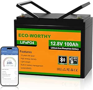 ECO-WORTHY 12V 100AH LiFePO4 Lithium Battery with Bluetooth, Low Temperature Protection, Max.1280Wh Energy, Group 24, Built-in 100A BMS, Perfect for Trolling Motor, RV, Boat, Solar Off-Grid