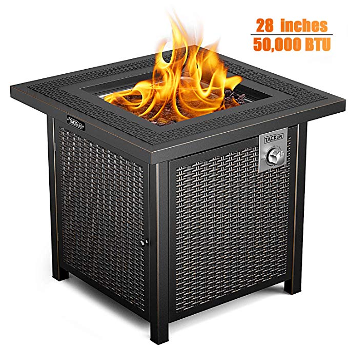 TACKLIFE Propane Fire Pit Table, Outdoor Companion, 28 Inch 50,000 BTU Auto-Ignition Gas Fire Pit Table with Cover, CSA Certification and Strong Striped Steel Surface, Indoor Companion