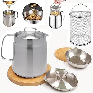 Stainless Steel Large Capacity Oil Fryer And Filter Cup Combo, 304 Stainless Steel Oil Filter Pot, Small fryer, with Fried Basket (2L)