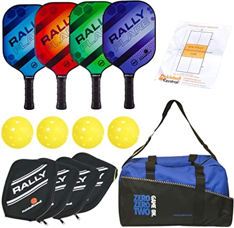 Rally Flare Graphite Pickleball Paddle Set for 4 Players (4 Paddles   4 Pickleballs   4 Neoprene Paddle Covers   Pickleball Game On Duffel Bag   Rules/Strategy Guide)