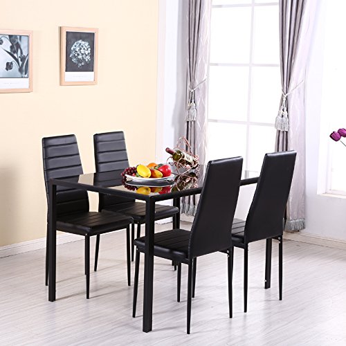 Warmiehomy Dining Table Chairs, Glass Dining Table Set and 4 Faux Leather Chairs Black (Dining Table with 4 Chairs)