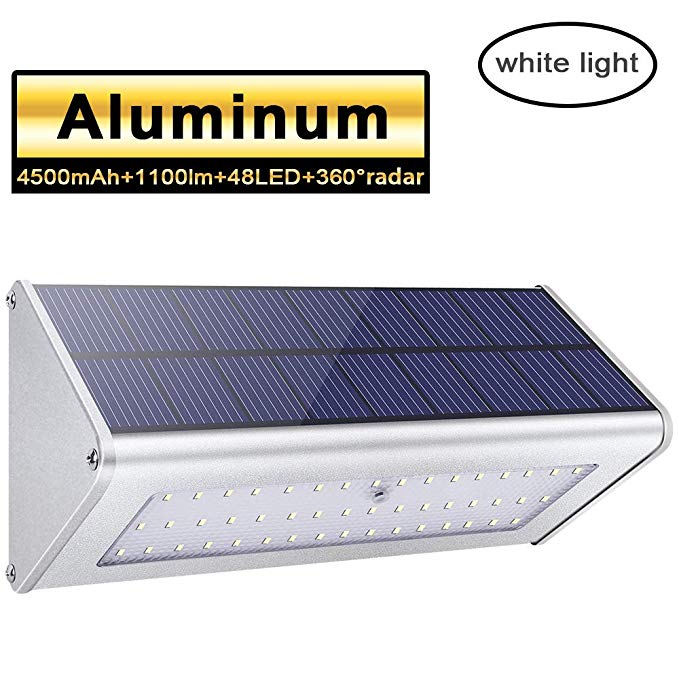 Licwshi 1100 Lumens Solar Light 48 LED 4500mAh Waterproof Outdoor Aluminum Alloy Housing, Radar Motion Sensor Light for Step, Garden, Yard, Deck -White Light(1 Pack)
