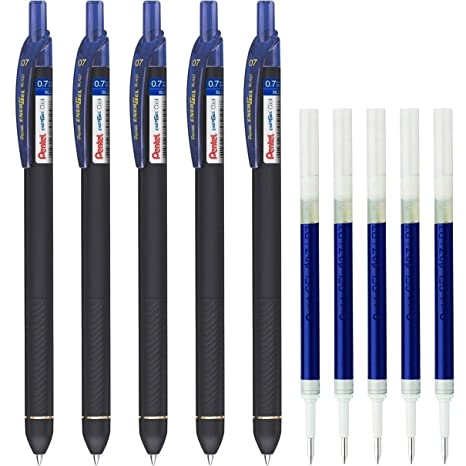 Pentel EnerGel Click 0.7mm Metal Tip (EnerGel Click Pen Blue 5 & LR7 Refill Blue 5) By DTL Company