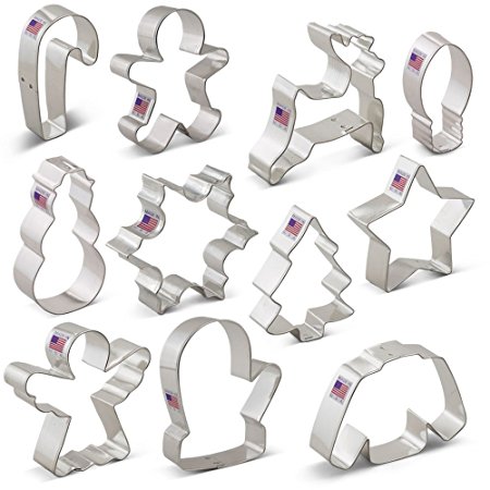 Christmas Cookie Cutter Set - 11 Piece - Holiday Shapes Include: Snowflake, Christmas Tree, Candy Cane, Reindeer and More - Ann Clark Cookie Cutters - US Tin Plated Steel