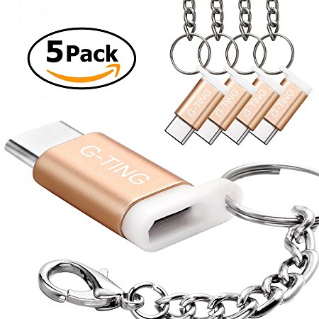 USB Type C Adapter (5 Pack), G-TING USB 3.1 Type-C to Micro USB Adapter Convert Connector with Keychain Data Syncing and Charging for New MacBook Pro,Android,Google Pixel,Chromebook (Gold)