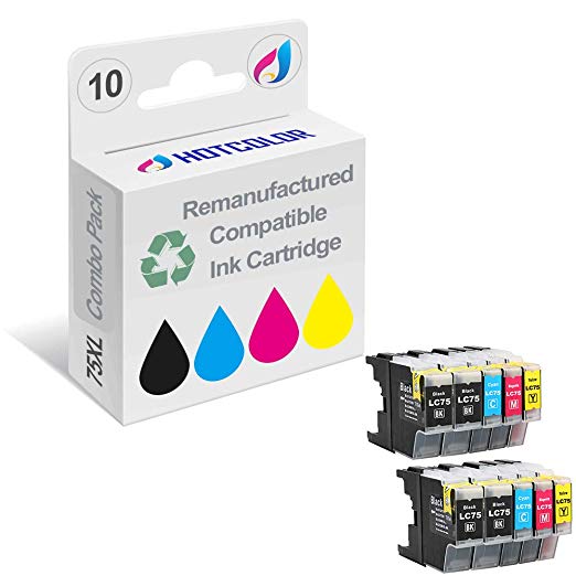 HOTCOLOR 10Pack LC75BK LC75C LC75M LC75Y for Brother LC-71 LC-75 LC-79 Compatible Ink Cartridge (4 Black 2 Cyan 2 Magenta 2 Yellow) MFC-J280W, MFC-J425W, MFC-J430W, MFC-J435W Printer