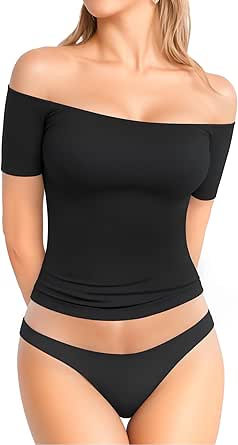 MANGOPOP Off The Shoulder Tops for Women Sexy Short Sleeve T Shirt Slim Fitted Tee Going Out Tops