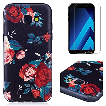For Sansung Galaxy A5 2017 A520 Case and Screen Protector,OYIME Luxury [Red Rose] Relief Pattern Design Black Silicone Rubber Ultra Thin Slim Fit Bumper Drop Protection Anti-Scratch Protective Back Cover