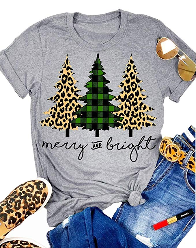 MNLYBABY Leopard Printed Plaid Christmas Trees T-Shirt for Women Merry and Bright Graphic Tees Tops Xmas Gift