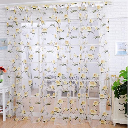 DZT1968® 1PC White Printed Flower Lace Chiffon Tulle Sheer Window Treatments Door Screen Curtain (80 inch x 40 inch) (Yellow)