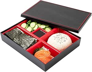 Restaurantware Bento Tek Rectangle Black & Red Large Japanese Style Bento Box - 5 Compartments - 12 1/4" x 9 3/4" x 2 1/4" - 1 count box