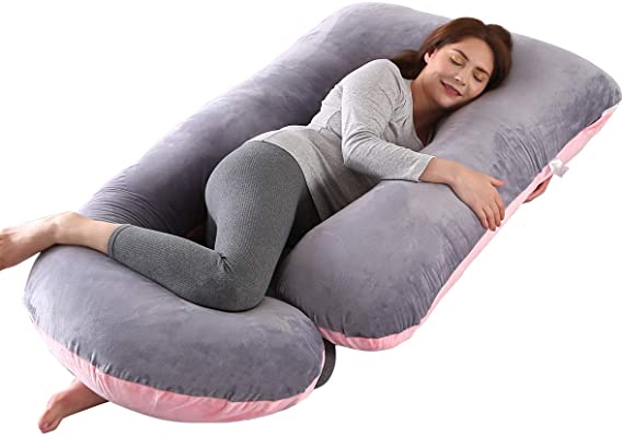 Pregnancy Pillows for Sleeping, Full Body Pillow Large U Shaped Upgrade and Maternity Support with Replaceable and Washable Velvet Cover (Pink and Grey-Velvet)
