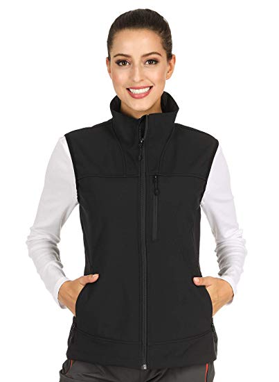 MIER Women's Lightweight Softshell Vest Front-Zip Outdoor Water-Resistant Vest with 7 Pockets, Fleece Lined, Black