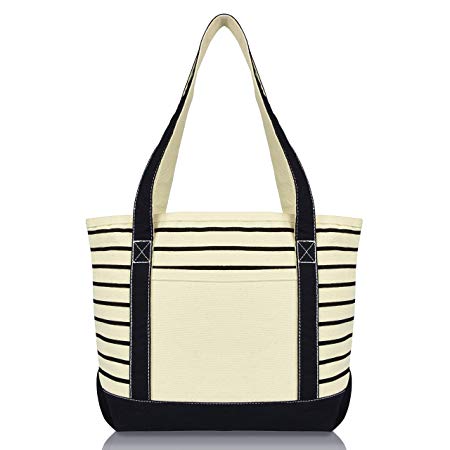 DALIX Small Stripe Tote Deluxe Shoulder Bag Cotton Canvas in Black