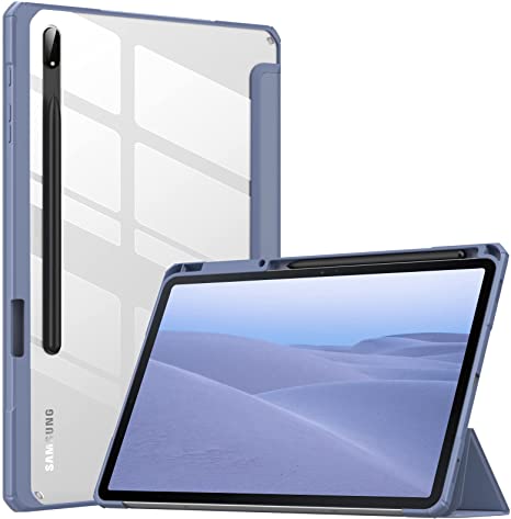 MoKo Case Fits Samsung Galaxy Tab S7 FE 12.4-Inch 2021 (SM-T730/T733/T736B) / Galaxy Tab S7 Plus 12.4 2020 (SM-T970/T975/T976B), Transparent Back Tablet Cover with Pen Holder/Auto-Wake, Grey Purple