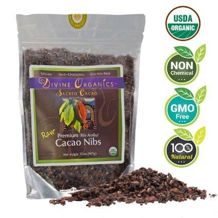 Divine Organics, 2Lb / 32oz Raw Cacao / Cocoa Nibs - Certified Organic - Premium Rio Arriba - Smoothies, Baking, Snacks, Salads, Trail Mixes - Chocolate Chips Substitute - Rich in Magnesium