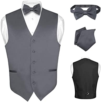 Men's Dress Vest Bowtie Hanky Solid Color Bow Tie Set Suit or Tuxedo Tall Sizes