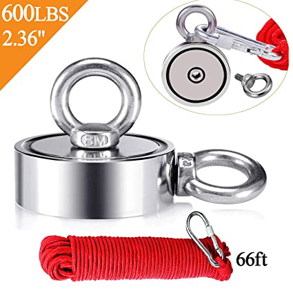 Uolor Magnet Fishing Kit with Combined 600 LB Double Side Super Strong Fishing Magnet, 66ft Rope and Carabiner for Magnet Fishing, Underwater Metal Detector - 2.36" Diameter