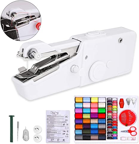 Handheld Sewing Machine and Sewing Thread Kit, Mini White Portable Electric Sewing Machine and 28 Colors Sewing Thread Set, Small Cordless Quick Handy Stitch for Beginner