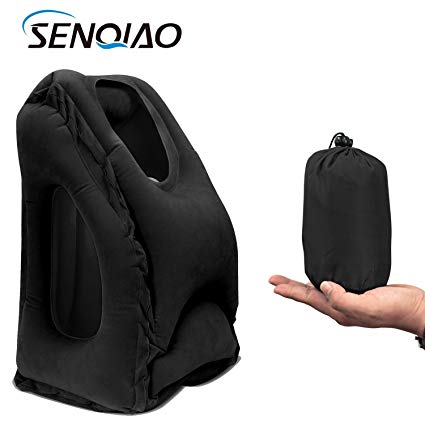 Inflatable Travel Pillow,SENQIAO Air Cushion Portable Nap Pillow for Airplanes,Cars,Office Napping,Soft PVC Flocking (Black)