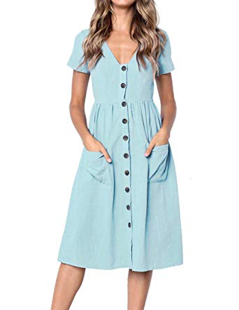 MEROKEETY Women's Summer Short Sleeve V Neck Button Down Swing Midi Dress with Pockets