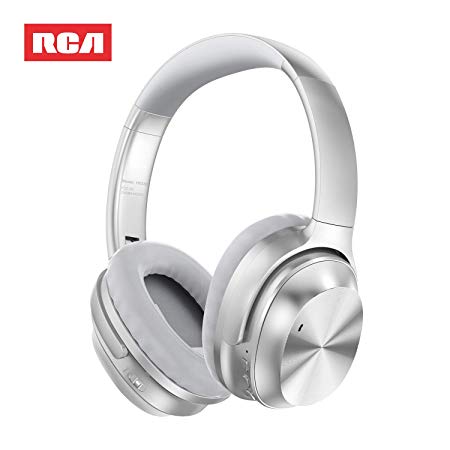 Active Noise Canceling Headphones, RCA Bluetooth 5.0 Headphones Over Ear Wireless Headphones with Mic, Foldable Soft Protein Earpads, 25Hrs Playtime for Travel Work TV PC Cellphone（Silver）