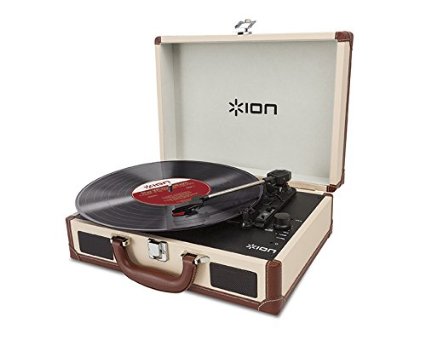 ION Audio Vinyl Motion Deluxe | Portable 3-Speed Belt-Drive Suitcase Turntable with Built-In Speakers (Cream-Leather Styling)