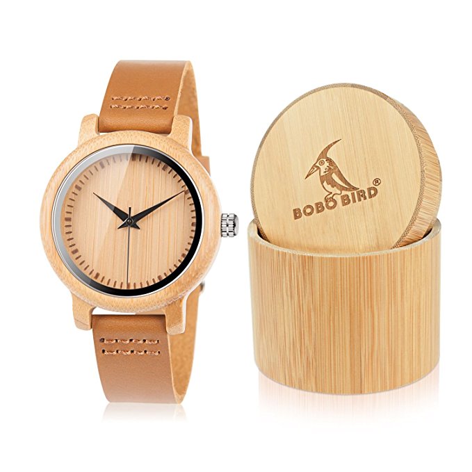 BOBO Bird Women's Bamboo Wooden Watch with Brown Cowhide Leather Strap Analog Quartz Casual Watches