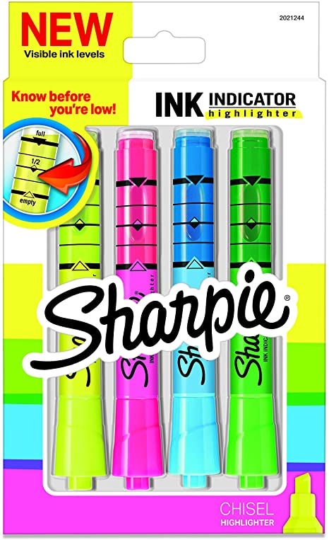 Sharpie Ink Indicator Tank Highlighters, Chisel Tip, Assorted Fluorescent, 4 Count