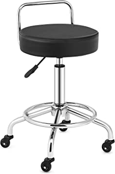 COSTWAY Pneumatic Work Stool, Swivel Height Adjustable Rolling Stool with Footrest, Cushioned Seat, Sturdy Metal Structure, Backrest for Home Office Massage SPA Salon (1 Stool)