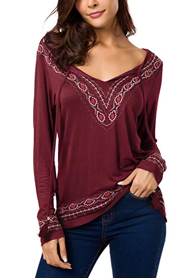 Urban CoCo Women's Long Sleeve Boho Tops Tie Neck Embroidered Detail