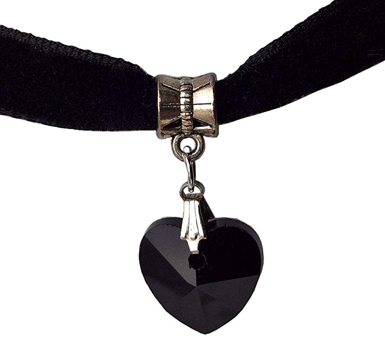 Yves Renaud 7.5 Inch Black Velvet Choker Necklace with Beautiful Heart Crystal Charm Pendant on an Oxidized Bail with 1.75" Extender