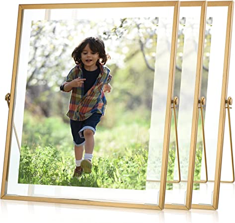 Set of 3 Glass Photo Frame Antique Metal Geometric Picture Frame with Glass Cover Floating Picture Frames Metal Pressed Glass Picture Frame Floating Frame Vertical, 8 x 10 Inches (Gold)