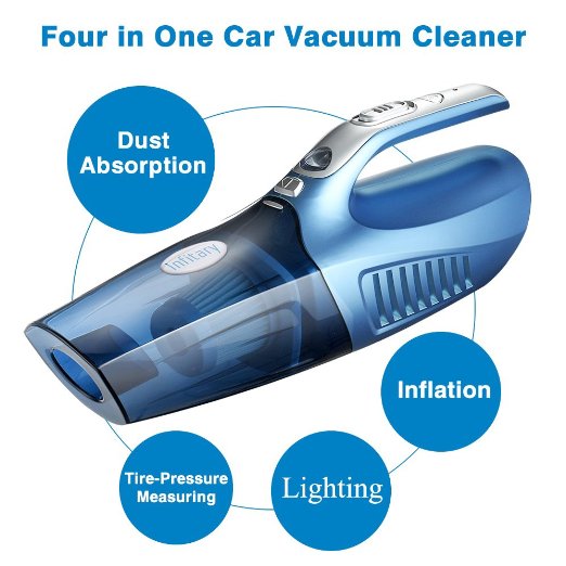 Infitary® 4-in-1 Handheld Auto Car Vacuum Cleaner Portable Dust Vacuum Cleaner Collector Wet/Dry 12V 100W Vacuum with Tire Inflator Tire Pressure Gauge and Led Light (Blue)