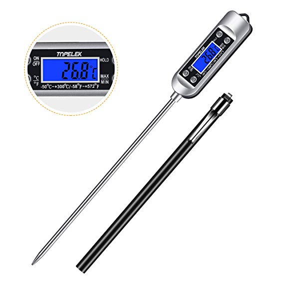 TOPELEK [Updated Version] Meat Thermometer, Turkey Thermometer, 5.8'' Long Probe Instant Read Kitchen Cooking Thermometer for Food BBQ Candy Milk Water, with °C/°F, Protective Sleeve & Storage Case