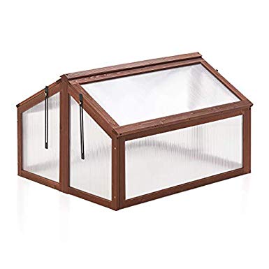 Cold Frame Greenhouse Kealive Portable Wooden Cold Frame Kit, Planter Bed Protection Outdoor with Double Adjustable Cover, Natural, 35.4L x 31.5W x 23H