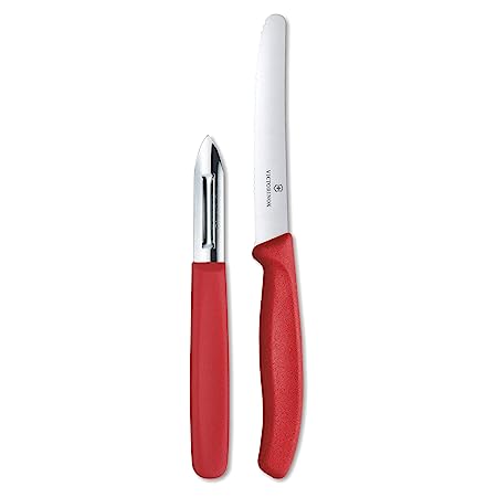 Victorinox Kitchen Knife, Set of 2, Sharp Wavy Edge Multipurpose Knife and Stainless Steel Traditional Peeler, Red