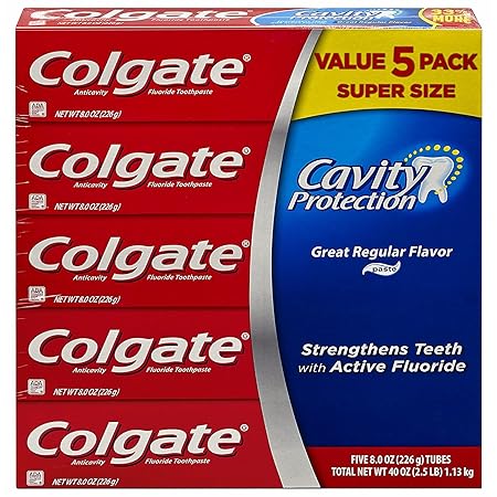 Colgate Cavity Protection Regular Flavor Flouride Toothpaste 8.2 Ounce Tube (Pack of 5)