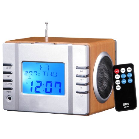 August MB300 Mini Wooden MP3 Stereo System and FM Clock Radio with Card Reader USB Port and AUX Jack 35mm Audio In 2 x 3W Powerful Hi-Fi Speakers and Built-in Rechargeable Battery