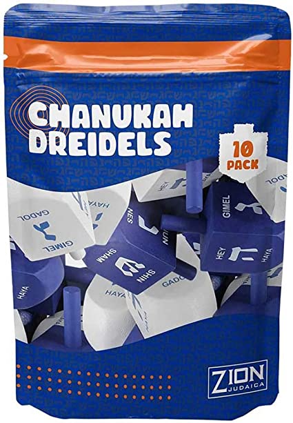 Zion Judaica Hanukkah Dreidels Blue & White Natural Wood with English Translation & Transliteration (10 Pack)