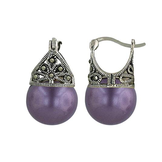 SILVER EMPIRE Fine Jewelry | 925 Sterling Silver Filigree Earrings for Women | Features Marcasite & Colorful Glass Pearls | Cap Mounting Design with Latch Closure | Oxidized Finish | Hypoallergenic