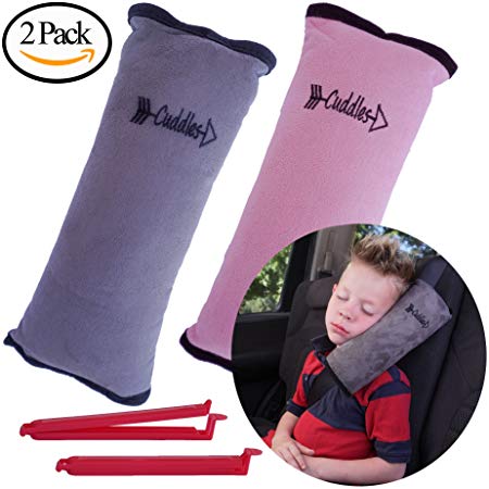 Seat Belt Pillow for Kids by Cuddles | 2 Pack Seatbelt Pillow| seat Belt Pillows| Kids Seatbelt Pillow| Seatbelt Pillow for Kids| car Travel Head Cushion, Washable Cover, Headrest Pink Gray