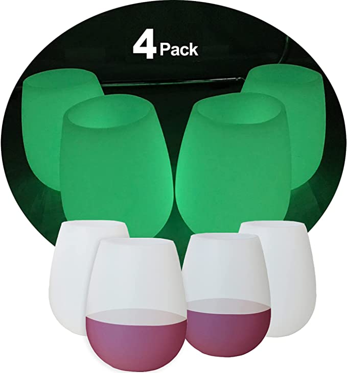 Unbreakable Silicone Wine Glasses Glow in The Dark Set of 4,Portable Reusable Rubber Drinking Cup for Camping Outdoor Picnic Floating on Pool Beach