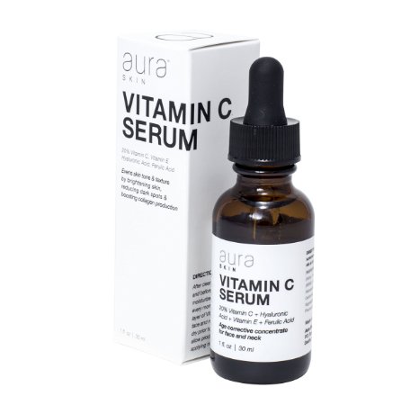 Aura Skin Vitamin C Serum, Contains 20% Vitamin C, Hyaluronic Acid, Ferulic Acid, Vitamin E to Reduce Wrinkles and Boost Collagen