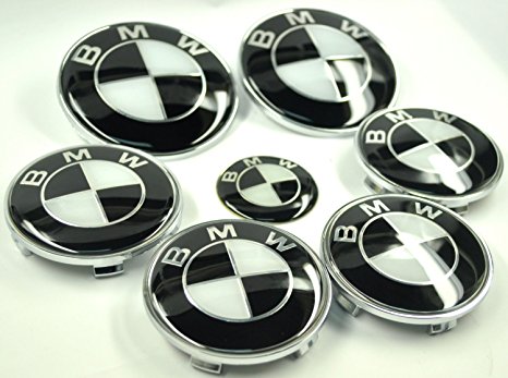BMW Black White Emblem Logo Badge Set 7-pc Set 82mm/73mm Hood/Trunk, FREE Shipping with tracking number