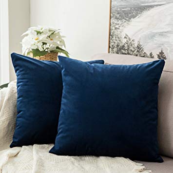MIULEE Velvet Soft Soild Microfiber Decorative Square Pillow Case Throw Cushion Cover for Sofa Bedroom Car with Invisible Zipper 18x18 Inch 45x45cm Navy Blue Set of Two Lined
